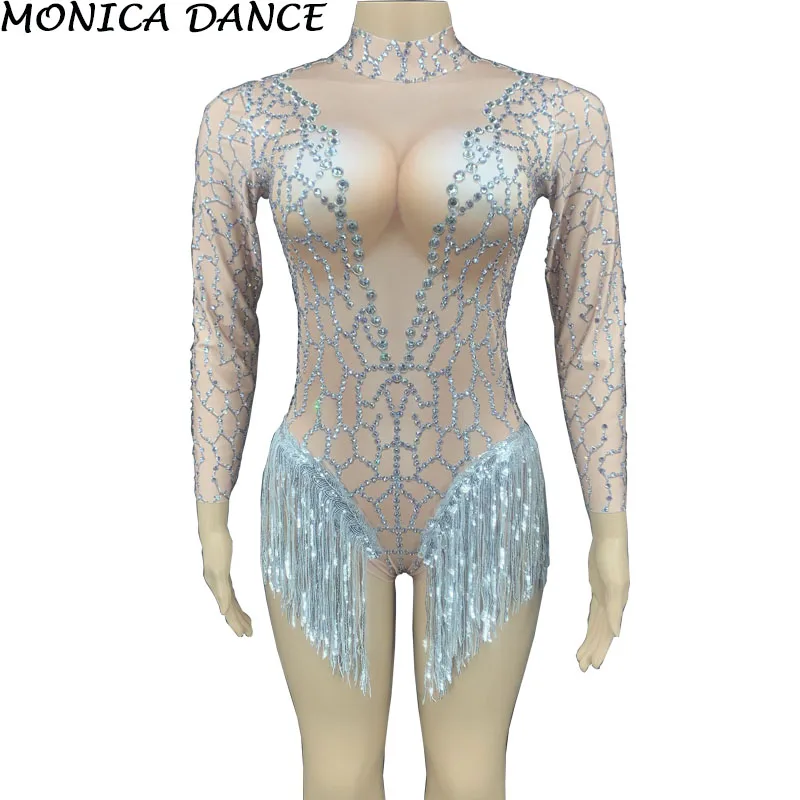 Sexy Silver Rhinestone Spandex Sequin Fringe Bodysuit Women Dancer Singer Outfit Birthday Celebrate Prom Outfit Dance Bodysuit