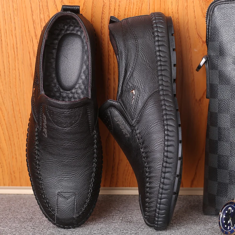 Elegant Formal Shoes Men Social Shoes Male Full Grain Leather Dress Shoes Men Comfortable Slip on Office Shoes Flat Black Brown
