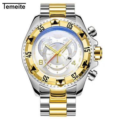 Gold White Военные мужские кварцевые часы с хронографом, модные часы с календарем TEMEITE, многофункциональные водонепроницаемые часы со стальной полосой, светящиеся часы, подарки для мужчин - Цвет: Gold White