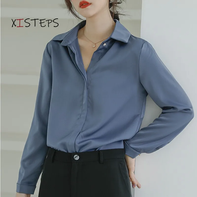 Elegant Satin Blouses For Women 2021 Spring Autumn OL Style Shirts Blue White Ladies Office Work Tops Professional Suit Clothes