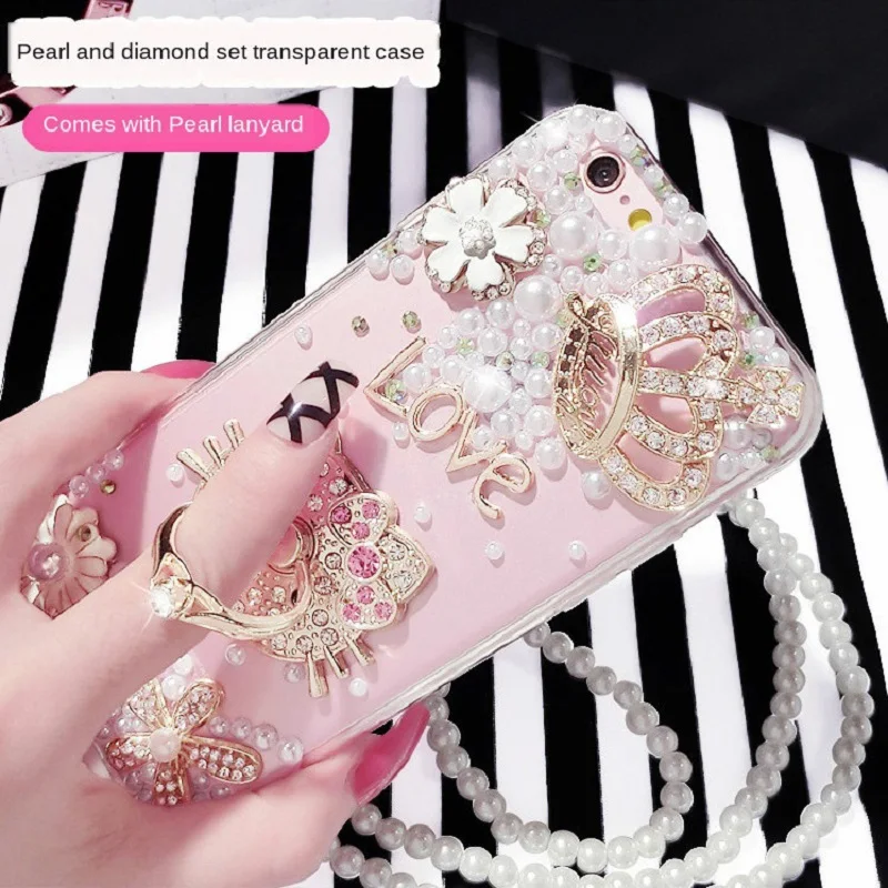 

Rhinestone mobile phone case For iPhone 5 6 7 8PLUS female models anti-fall For iPhoneX XS XRMax pearl lanyard shell tide Cover