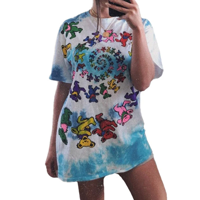 

Cute Bear Oversize Tops Tie Dye Printing T-shirts Women Short Sleeve Streetwear Vintage Clothes T Shirt Vestidos Casual Clubwear