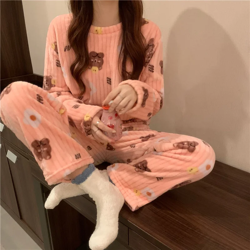 Little Bear Coral Velvet Pajama Set Female Autumn Winter 2021 Loose Comfortable Long Sleeved Home Clothes Two Piece Rac | Женская одежда