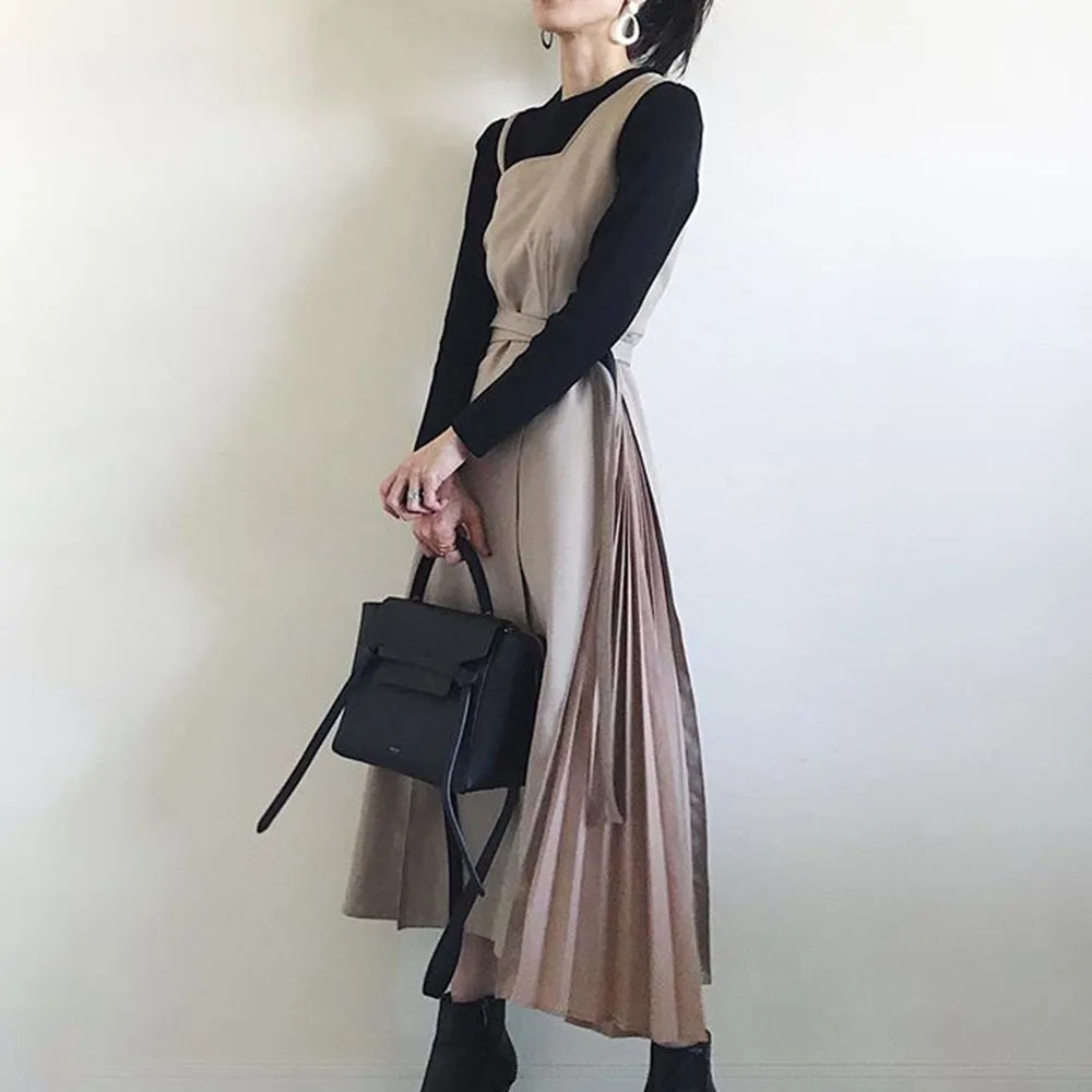 Корейское женское платье осень 2020 шикарное лоскутное Плиссированное длинное