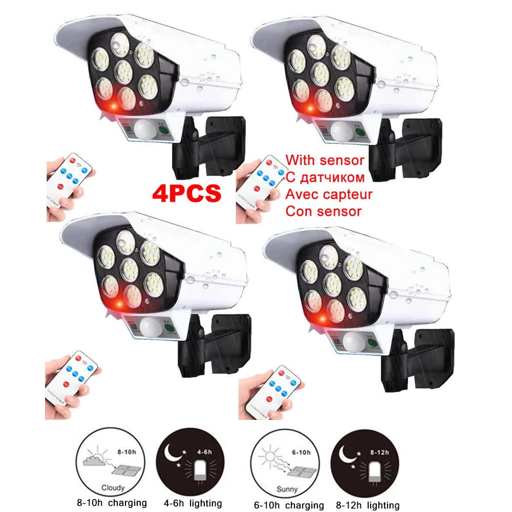 

4pcs remote solar fake monitor dummy camera Light Outdoors Motion Sensor Wall Lamp Waterproof Spotlights Garden Decor Emergency