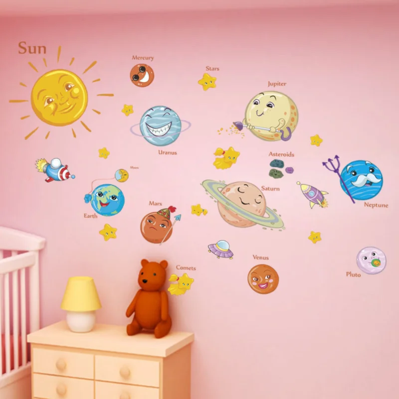 New Solar System Cartoon Wall Stickers For Kids Rooms Stars Outer Space Planets Earth Sun Saturn Mars Poster Mural School Decor | Дом и сад