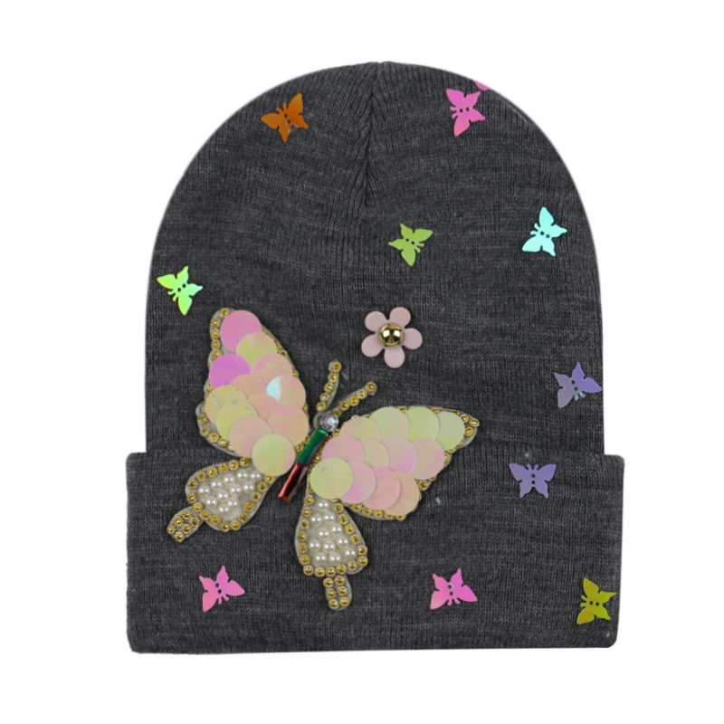 Женская Шапка бини FOXMOTHER белая или серая Теплая с блестками и бабочкой 2019|Женские