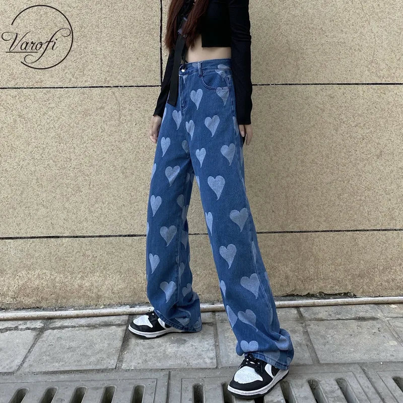 

Varofi Jeans women high waist wide leg pants retro love loose straight leg pants baggy jeans women y2k baggy wide leg jeans