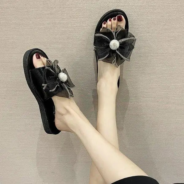 

Low Shoes Woman 2021 Female Slippers Butterfly-Knot Luxury Slides New Flat Rubber Designer Fashion Butterfly-knot Basic