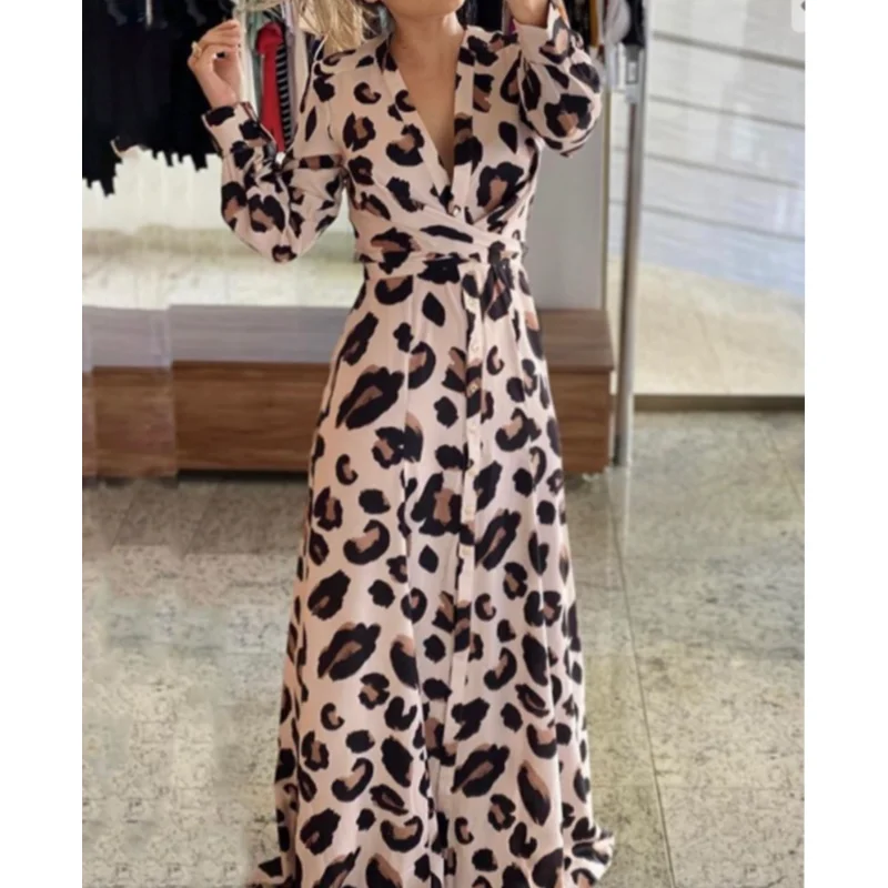 

Женские; Сезон весна-осень; Платье размера плюс с v-образным вырезом с длинными рукавами и леопардовым принтом для девочек Детские платья с п...