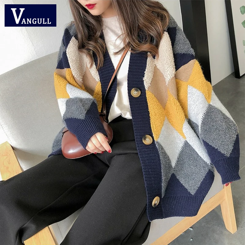 Vangull в клетку кардиган Свитер В стиле пэчворк Открытые длинный вязаный женский