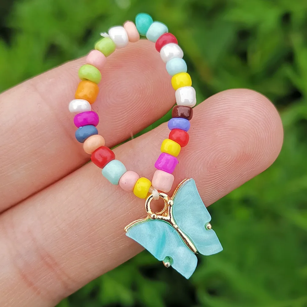 

Butterfly Bobemia Rings Summer Colorful Beads Ring for Women Kids BOHO Beach Jewelry Gifts Fashion Adjustable Rings 2021