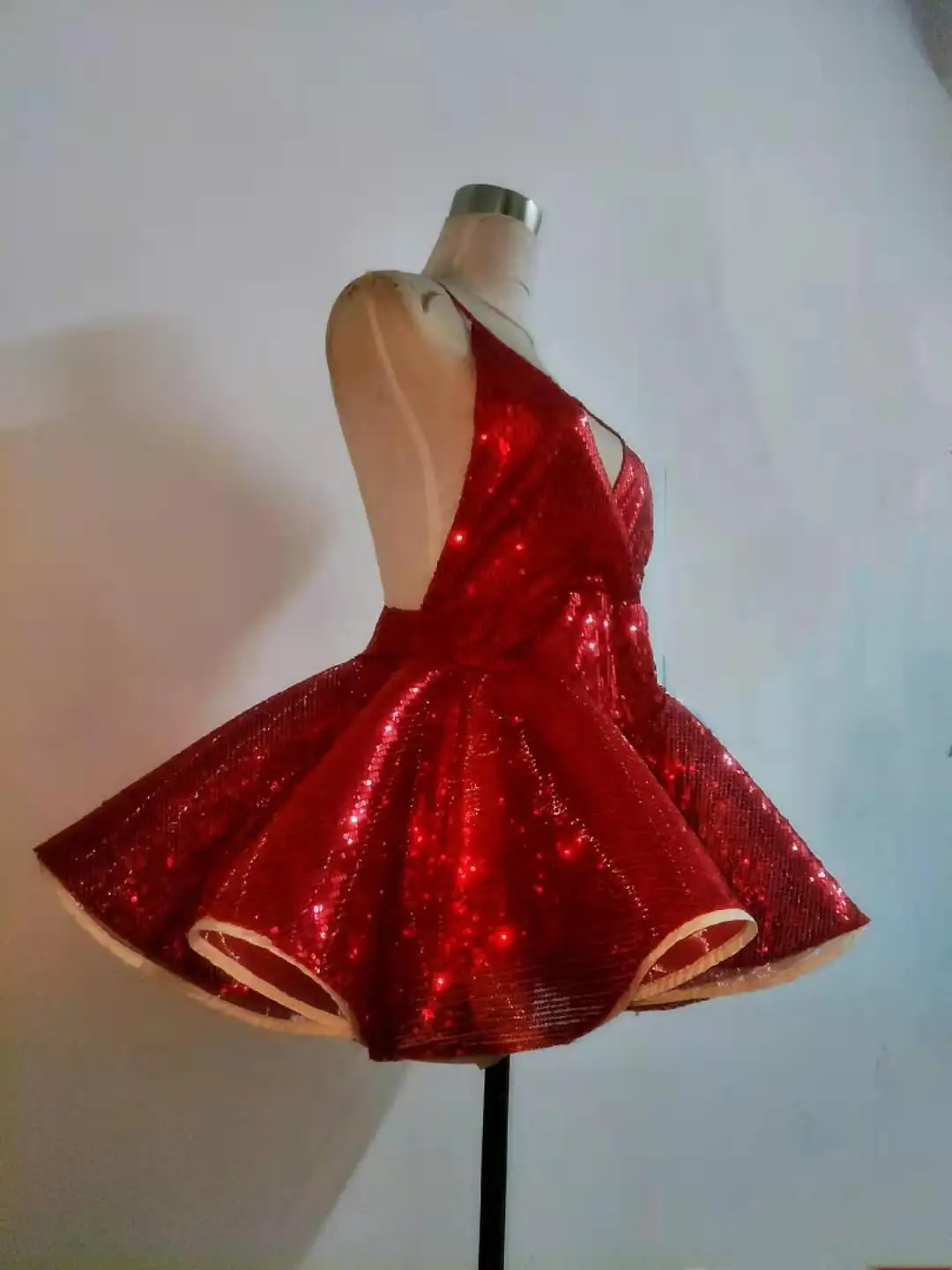 

Summer Sexy Backless Glitter Red Sequins Sling Mini Dress Bar Nightclub DJ Singer Dancer Stage Party Show Performance DS Costume