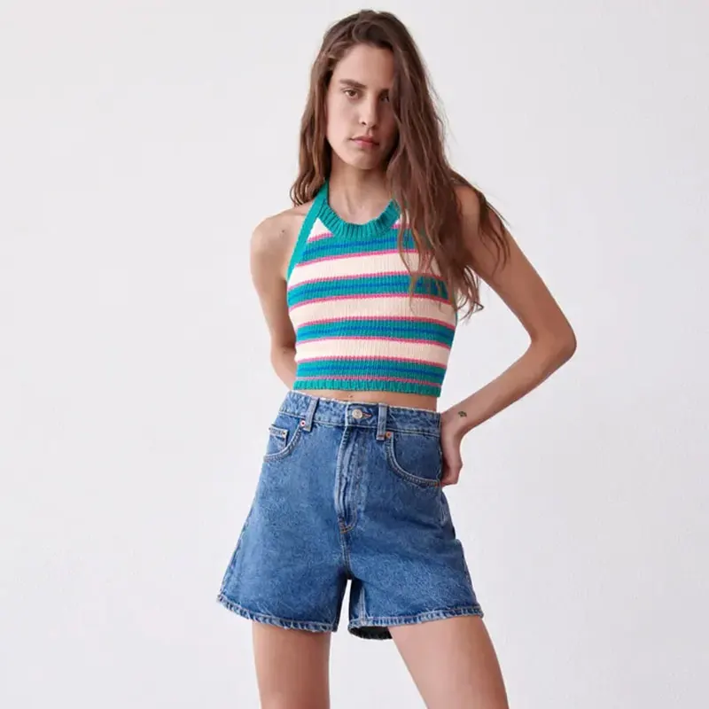 

Nlzgmsj Za Women Sweet Fashion Striped Crop Knitted Tank Tops Vintage Halter Neck Backless Bow Tied Female Camis Mujer 202107
