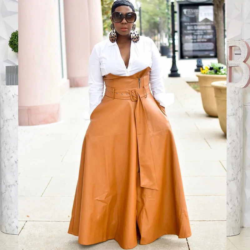 

Zoctuo PU Leather Skirts Womens Korean High Waisted Plus Size Long Skirt Club Wear Harajuku Maxi Skirt with Belt Jupe Femme