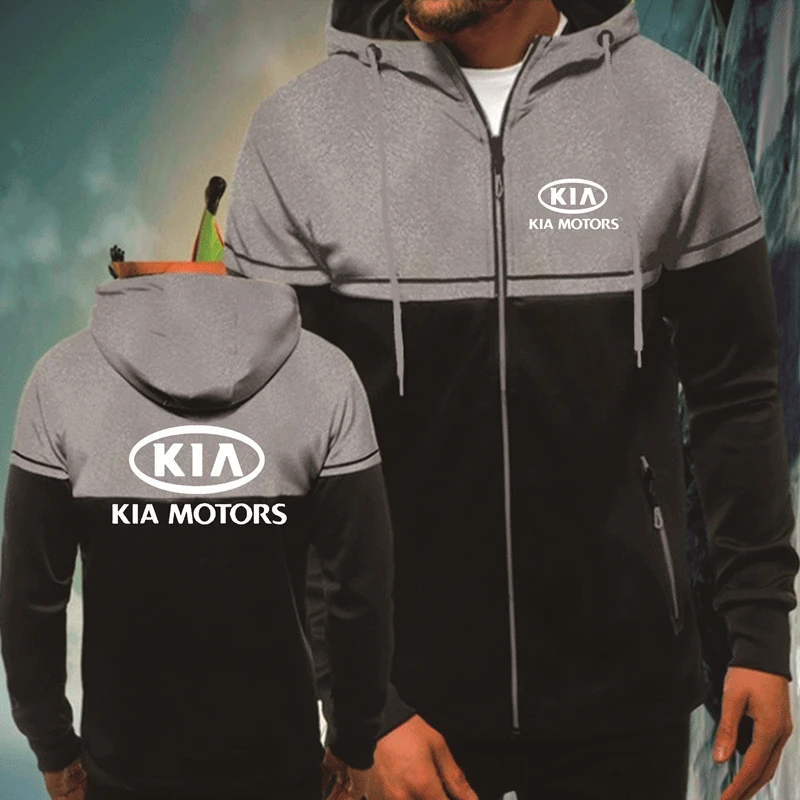 

Casual Spring Autumn Men's Hoodie KIA Car Logo Print high quality cotton Color contrast Harajuku Splicing Men's Zip Jacket