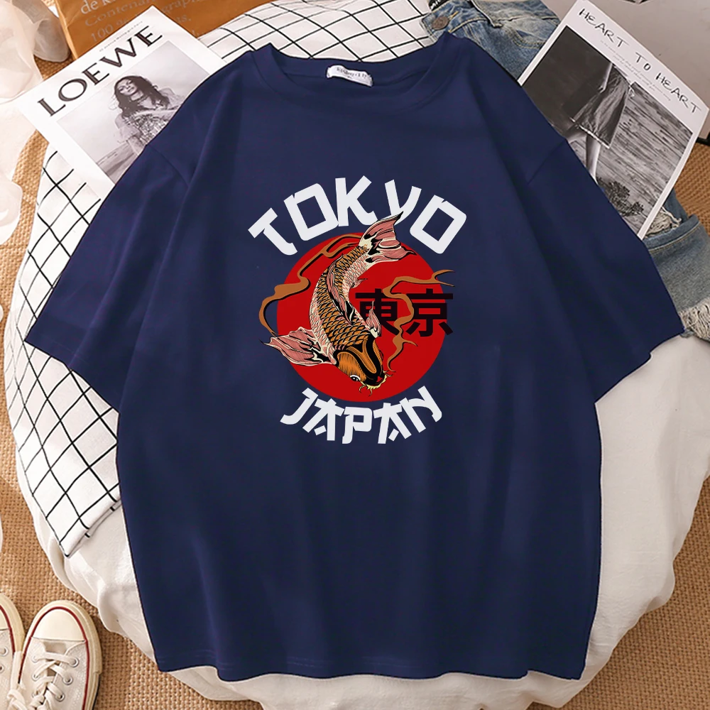 

Tokyo Red Koi Cartoons Printing Mens T Shirts Style Oversize T-Shirt Fashion Crewneck Tshirt Simplicity Loose Man Tees Shirt