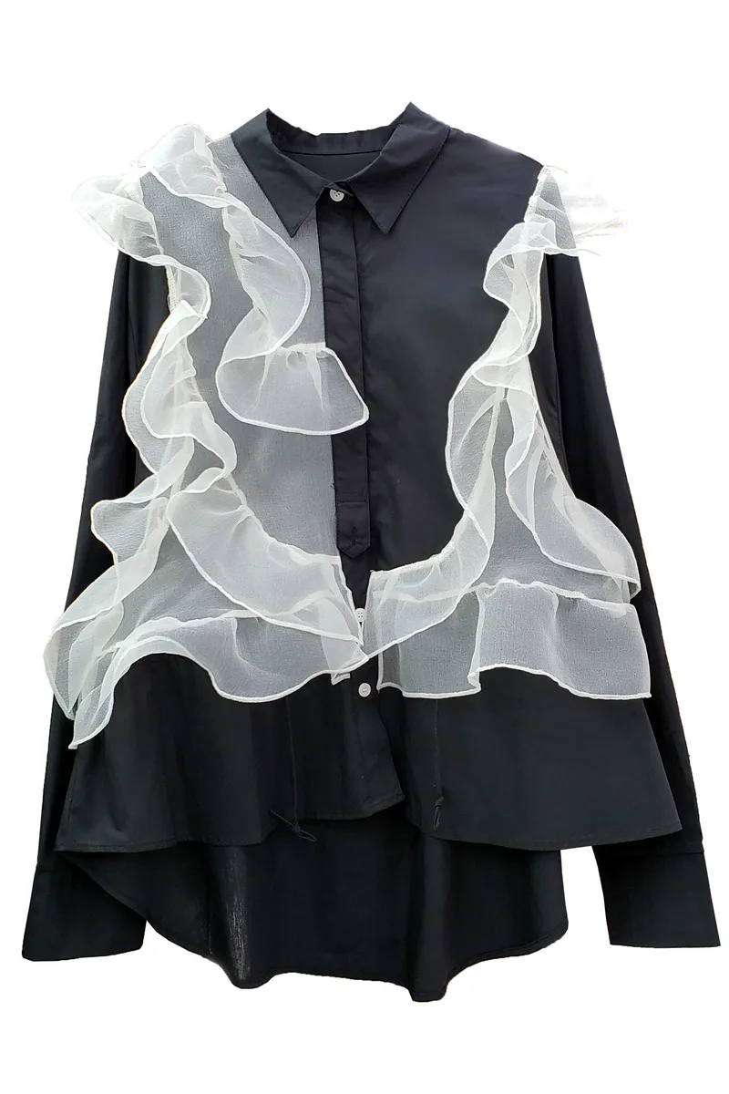 

2021 Summer New Casual Fashion Contrast Color Irregular Mesh Patchwork Ruffled Lapel Shirt Top