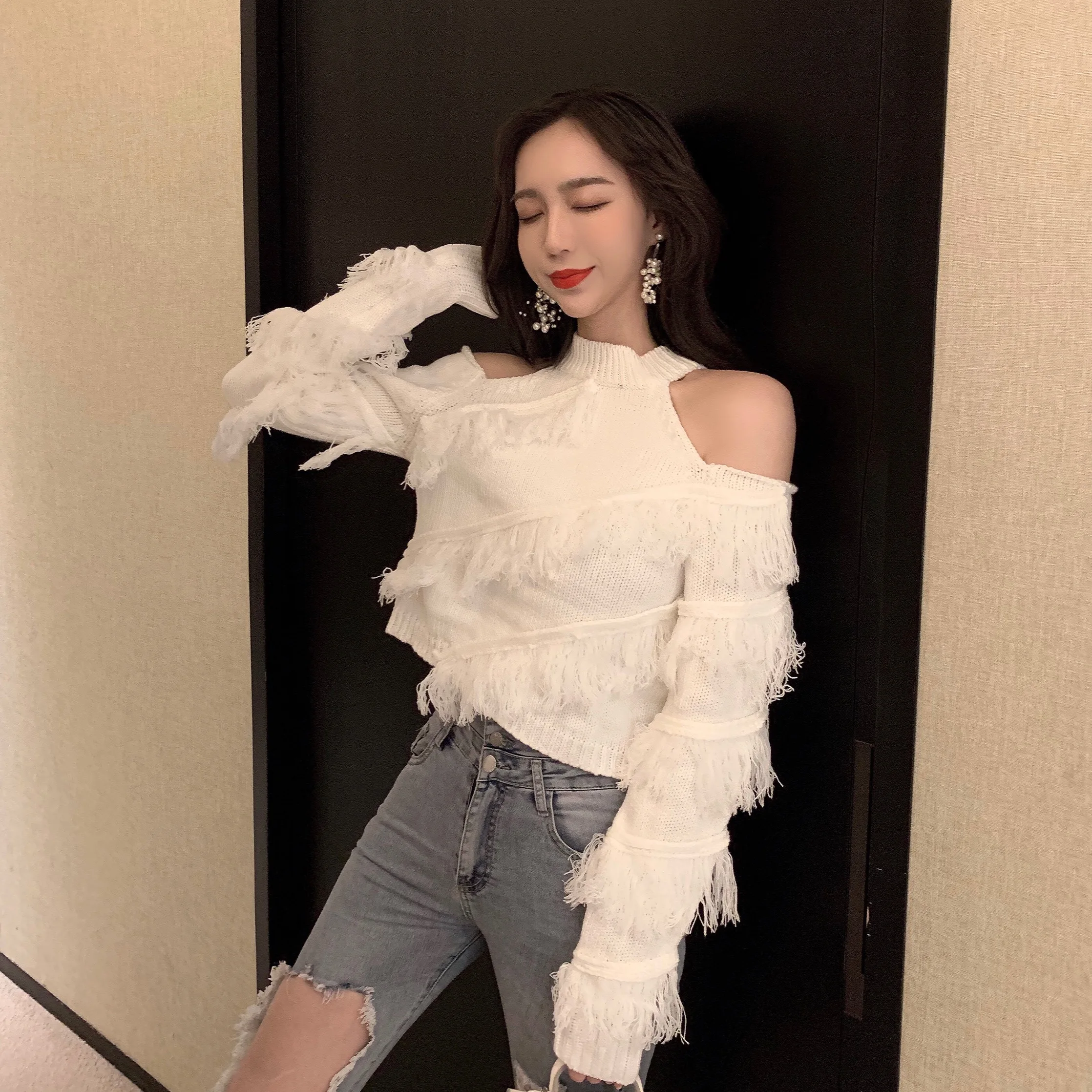 JSXDHK женский свитер с длинным рукавом модный ленивый осенне-зимний синий вязаный