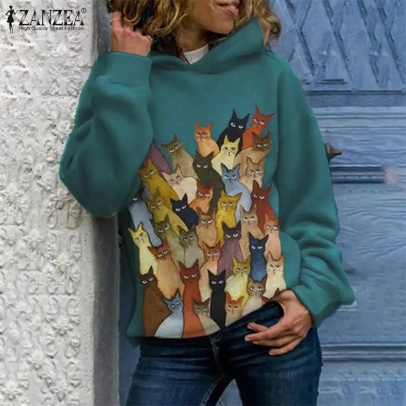 

Autumn Cat Printed Hoodies Sweatshirts Women Hooded ZANZEA Oversized Casual Long Sleeve Pullovers Vintage Female Outwear Tunic