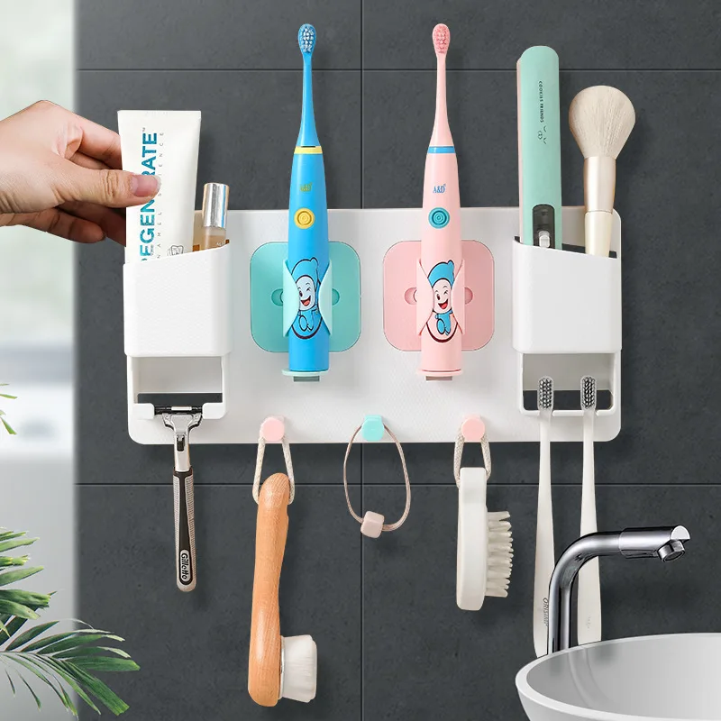 

Wall Mounted Toothbrush Rack With Hook Cup Holder Storage Holder Multifunctional Toothbrush Rack Household Bathroom Accessories