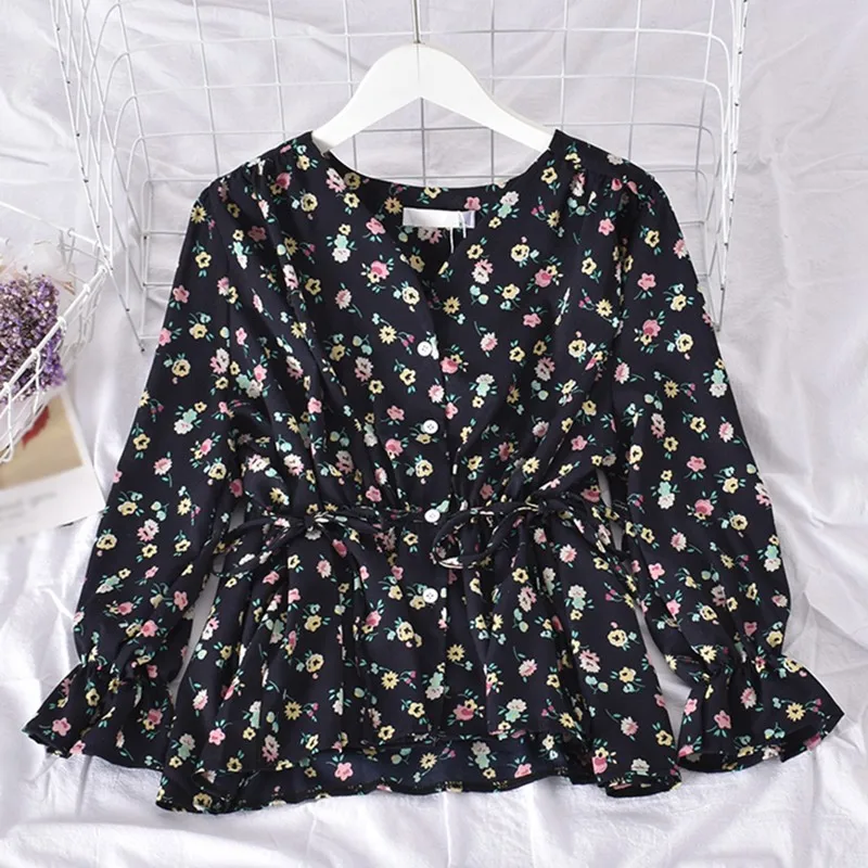 

Women's Fashion V-Neck Small Floral Print Sexy Sweet Long Sleeves Chiffon Shirt Blouses