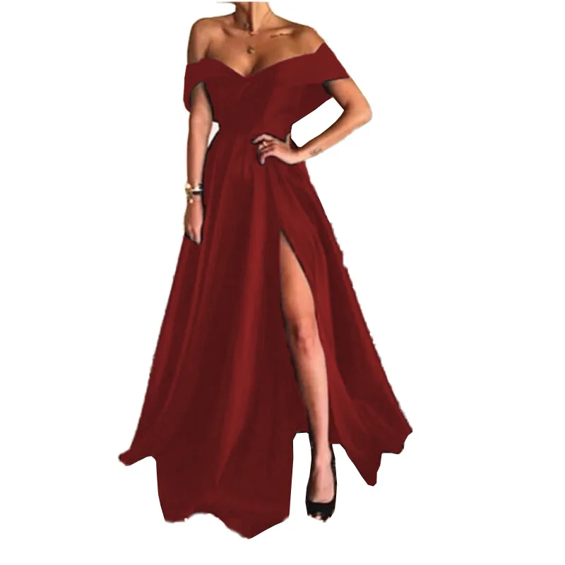 

WEPBEL Autumn Elegant Split Short Sleeve Slash Neck Dress Women's Sexy Solid Color High Waist Evening Dress