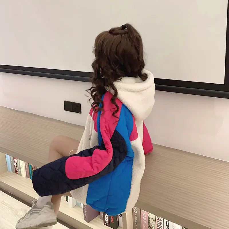 

Warm Plush thickened color matching cotton padded jacket women's winter patchwork Hooded Jacket Hooded Sweater