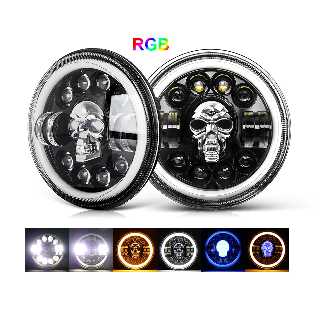 Dot-L&aacute;mpara LED E9 para motocicleta, faros delanteros de 7 pulgadas con Halo de ojos en &aacute;ngulo, RGB, Calavera, redondos, DRL, para Wrangler JK-0