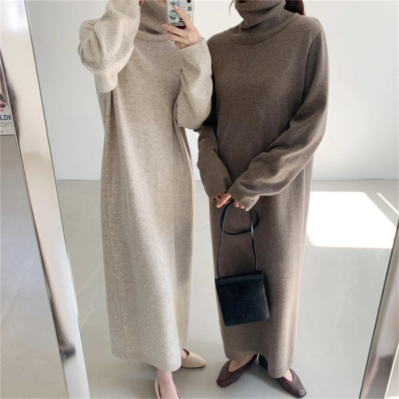 

New 2021 Autumn Winter Women Dresses Turtleneck Pure Warm Knitting Oversized Elegant Lady Vintage Long Dresses