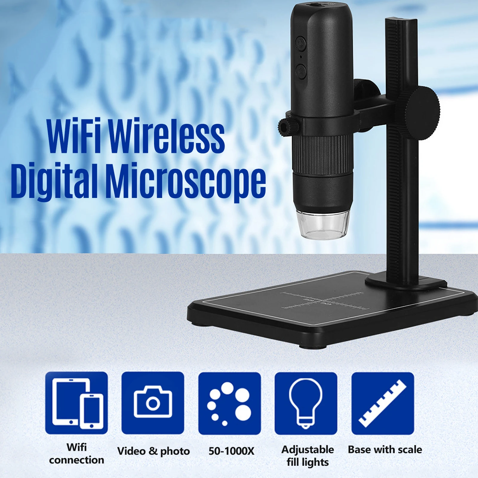 

Беспроводной цифровой микроскоп с Wi-Fi, ручной микроскоп с увеличением от 50 до 1000 раз, с 8 регулируемсветодиодный светодиодными лампочками дл...