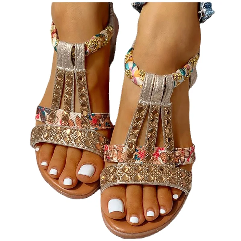 

Сандалии женские на платформе, богемные босоножки на танкетке, Гладиаторы с кристаллами, Повседневная пляжная обувь в римском стиле, с элас...