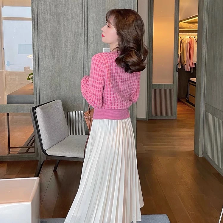 Кардиган женский вязаный с круглым вырезом и жемчужными пуговицами длинным