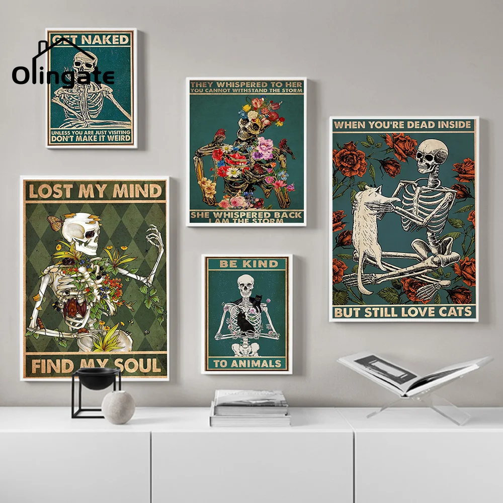 

Cartoon Skeleton Mental Skull Canvas Painting Vintage Get Naked Funny Wall Art One Piece Canvas Poster Home Living Room Decor