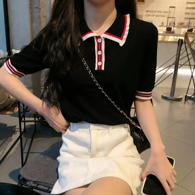 

Korean POLO collar stitching striped short sleeve sweater