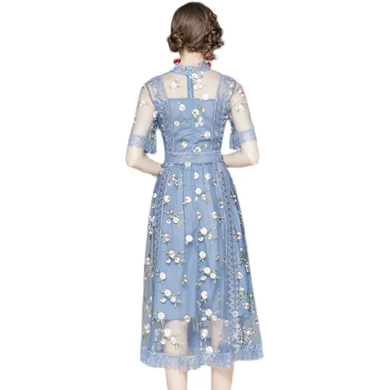 

COIGARSAM Short Sleeve Women dress New Summer Embroidery Dresses Blue 6401