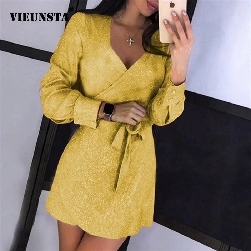 2XL сексуальные блестящие платья с глубоким v-образным вырезом для женщин осенние вечерние платья с длинным рукавом и поясом яркое шелковое блестящее облегающее платье