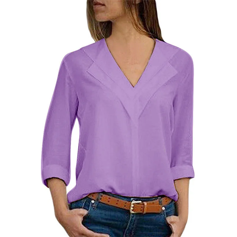 GEJIAN2019 Осенняя рубашка с длинным рукавом женская v образным вырезом однотонная