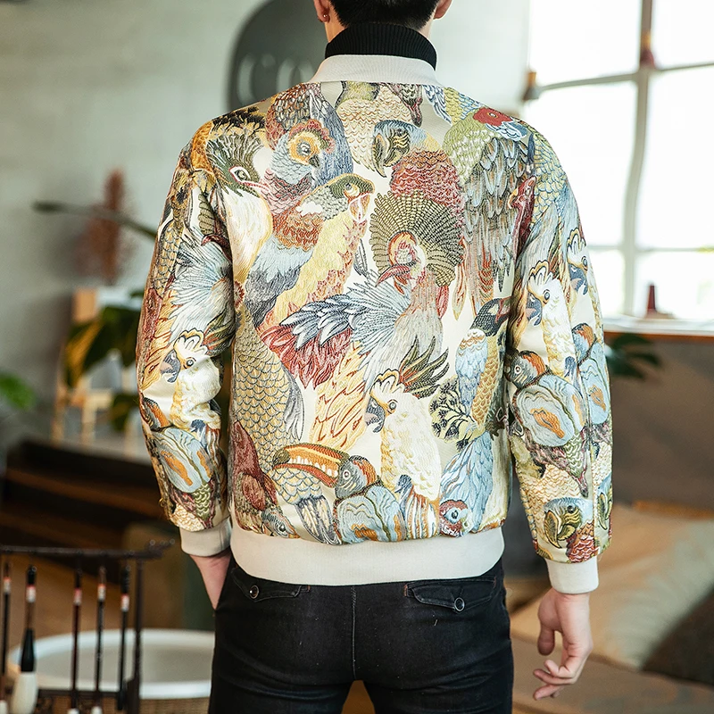 Мужская винтажная куртка Ropa Hombre свободная утепленная с вышивкой животных осень