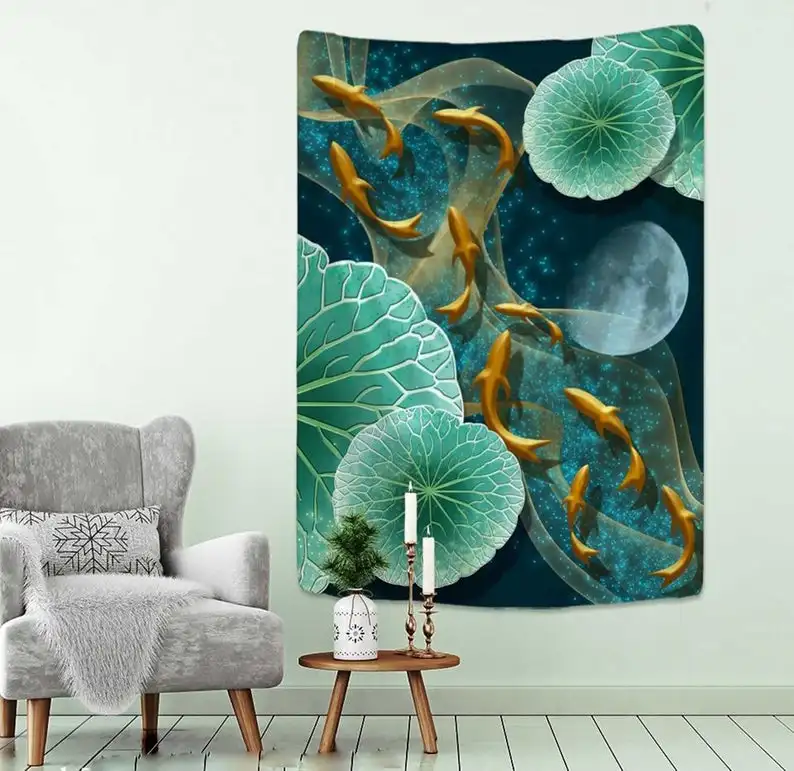 Koi Fish в лотосном пруду Классический гобелен искусство Настенная подвеска