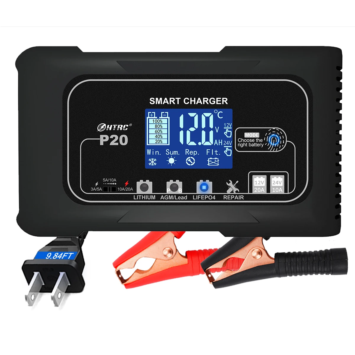 new htrc 20a automatic motorcycle charger for lithium lead acid lifepo4 battery 12v20a 24v10a 7 stage car battery charger free global shipping