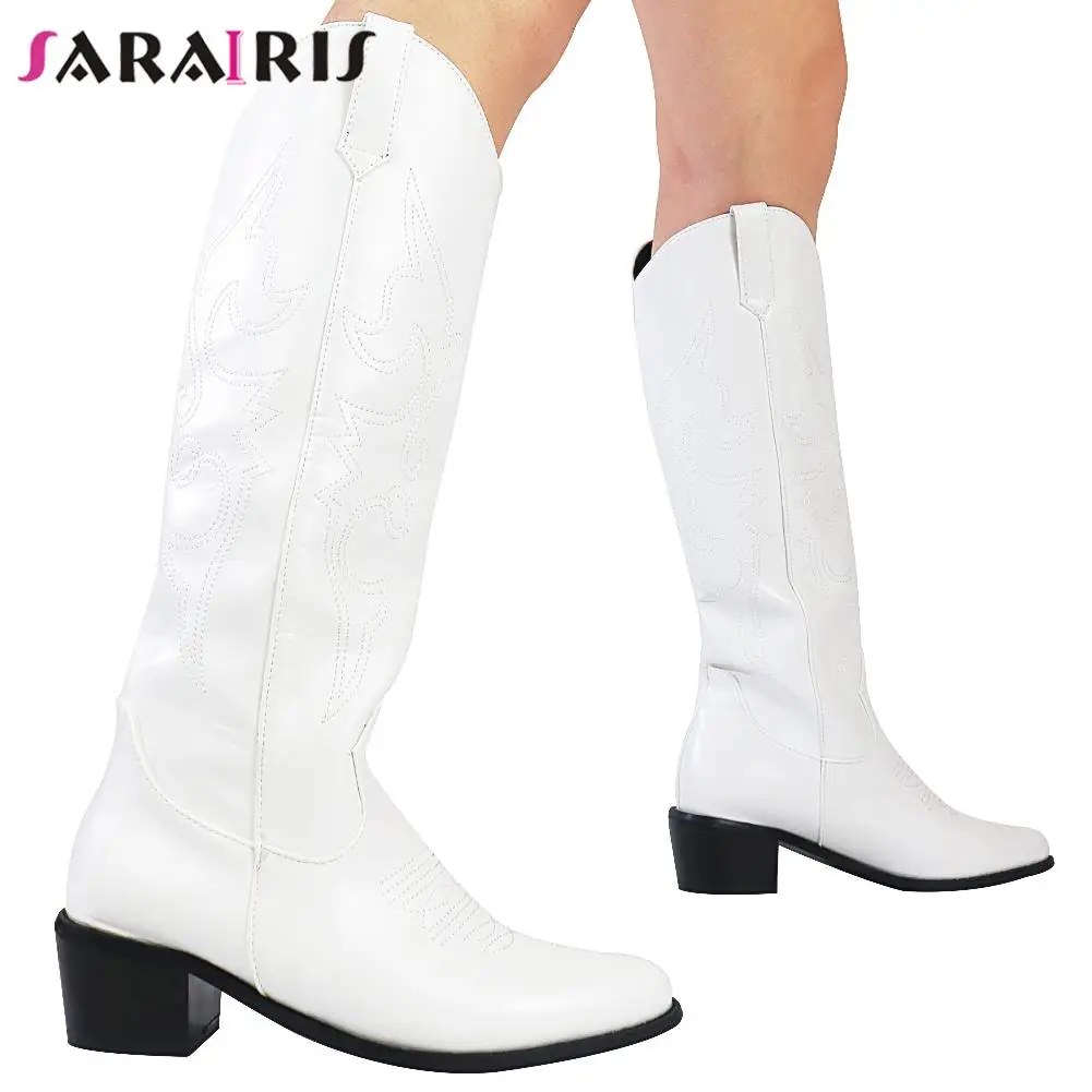 

SaraIris Female Western Boots Big Size 43 Pull On Med Heel Mid Calf Platform Cowboy Boots Casual Rome Trendy Women 's Shoes