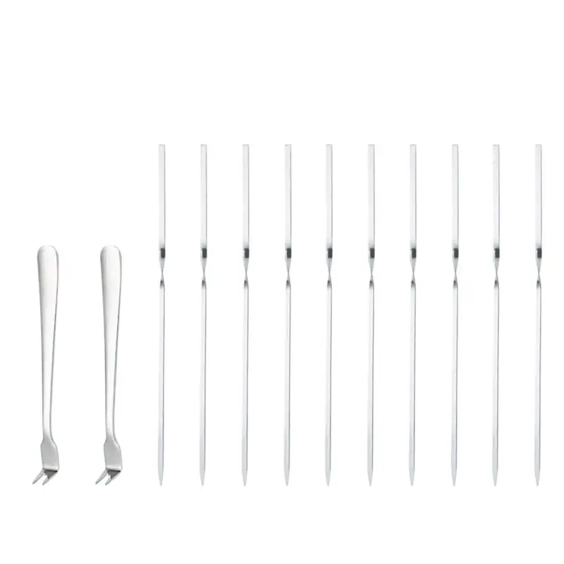 

10pcs Stainless Steel Barbecue Forks Durable Barbecue Skewers Shish Kebab BBQ Camping Needle Stick With 2pcs Meat Forks