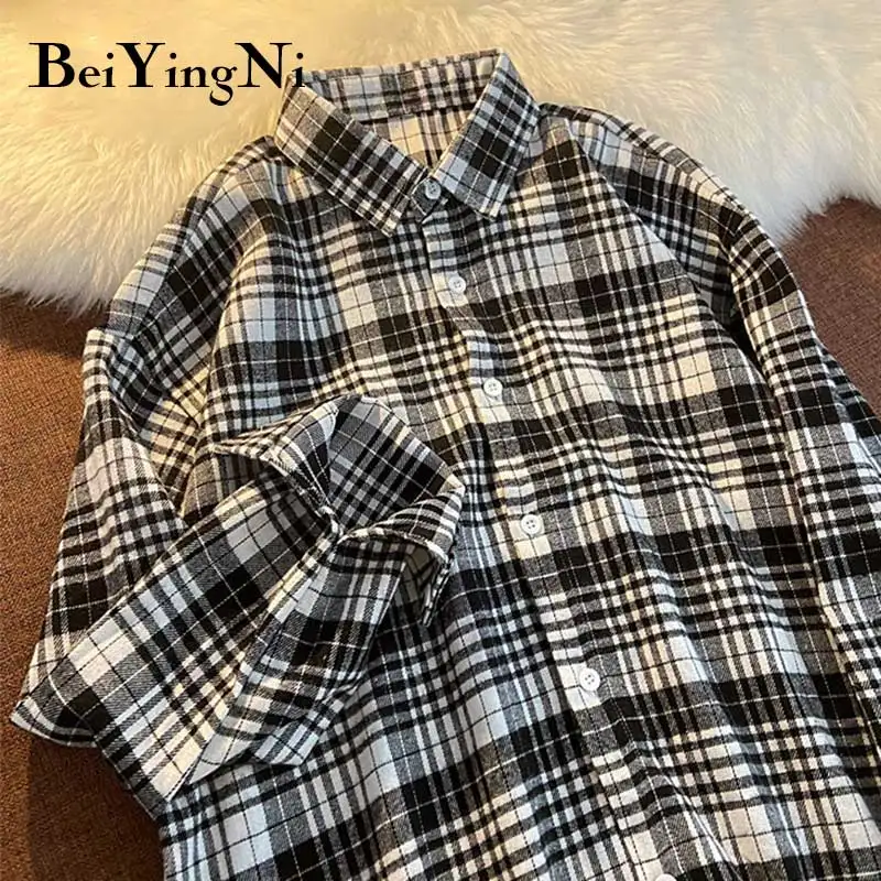 

Рубашка Beiyingni с длинным рукавом, женские винтажные клетчатые повседневные топы в стиле преппи, женские модные блузки в стиле Харадзюку, блуз...