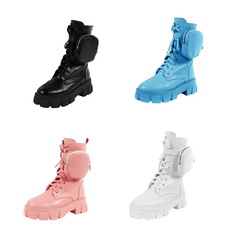 

2020 New Product Pocket Motorcycle Boots Women Platform Shoes Lace Up Thick-soled Black Military Shoes Woman Half Botas Mujer