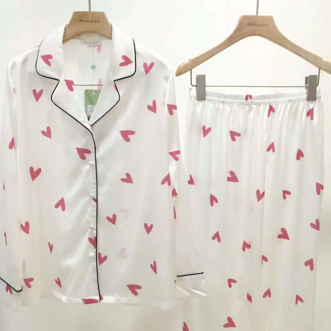 

2021 Spring and Autumn Women's Pajamas New Ins Sweet Satin Sleepwear Two-piece Set Love Long-Sleeved Trousers Homewear