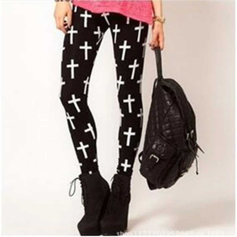 Женские пикантные высокие эластичные леггинсы с белыми крестиками весенне