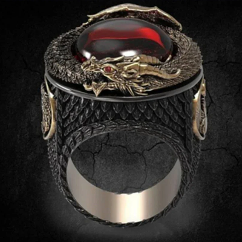 Domineering Dragon Phoenix Gothic Rings for Men Wine Red Zircon Stone Ring Creative Wedding Party Steampunk Rings Jewelry Gifts