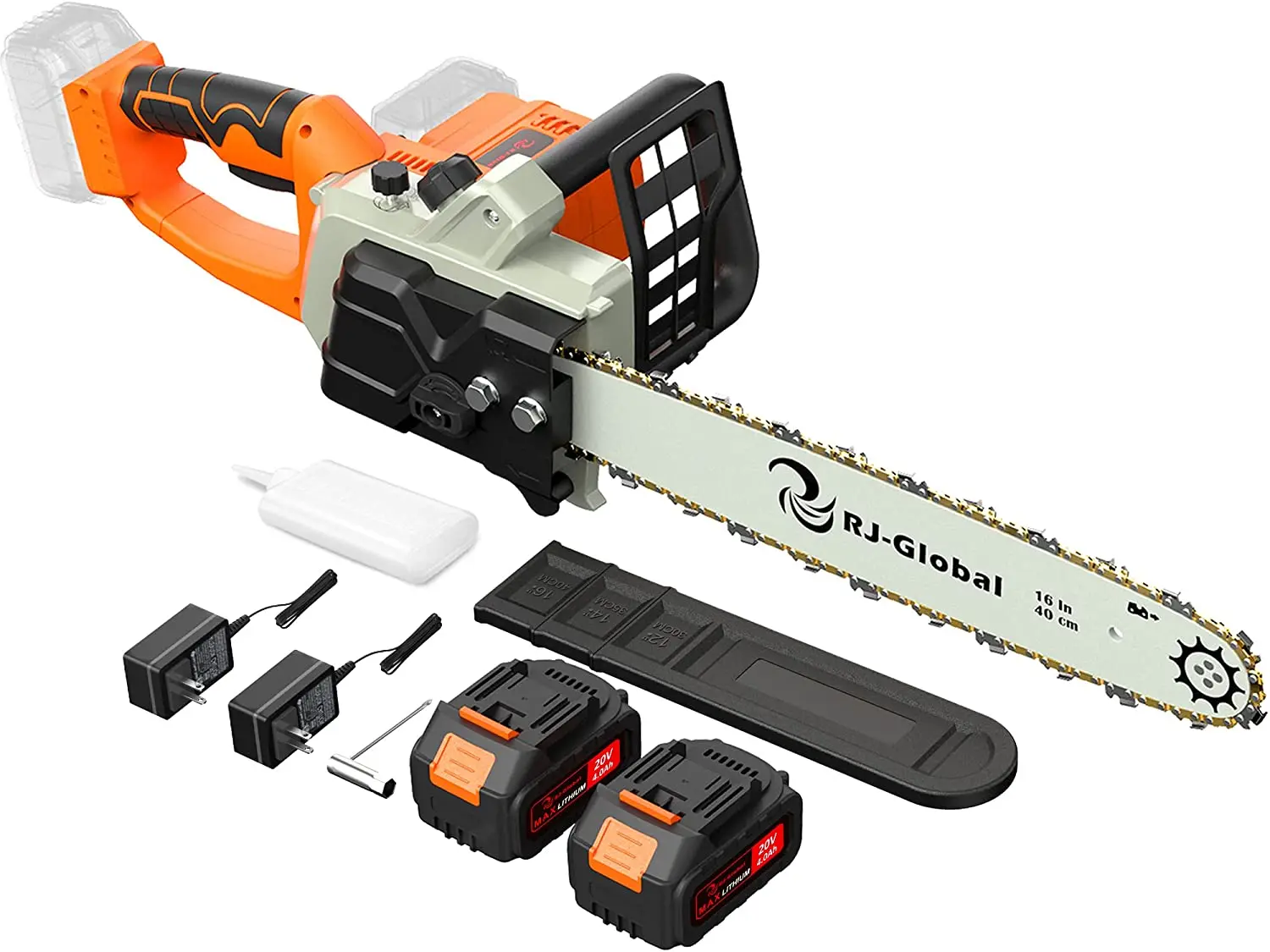 

RJ-Global 16 Inch 40V Electric Chainsaw Cordless Chain Saw for Trees Woods, Batteries and Chargers Included, Metal wall plate