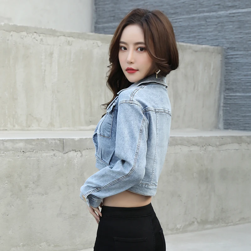 Autumn Women Denim Cropped Jacket Female Pockets Short Jean Ladies 2021 New Fashion Button Casual Solid Coats images - 6